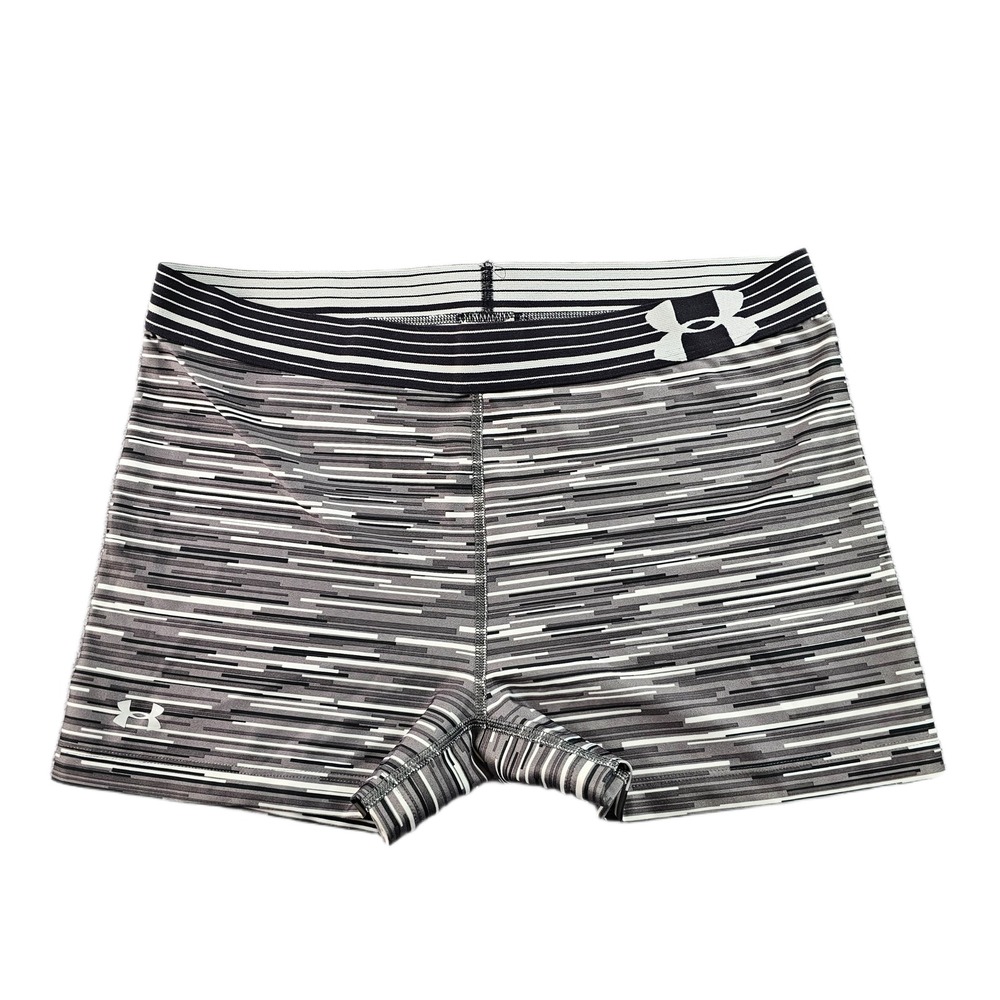 Under Armour HeatGear Compression Shorts Women's L Gray White Striped Athletic